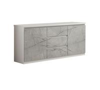 DEYTON - Buffet 2 Portes 3 Tiroirs Laqué Blanc et Gris Marbré