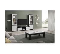 DEYTON - Ensemble Salon Complet Laqué Noir et Blanc Meuble TV + Vitrines avec Leds + Table Basse 127cm