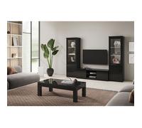 DEYTON - Ensemble Salon Complet Laqué Noir Meuble TV + Vitrines avec Leds + Table Basse 127cm