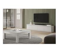 DEYTON - Ensemble Salon Laqué Blanc Meuble TV 4 Portes + Table Basse Carrée