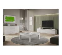 DEYTON - Ensemble Salon Laqué Blanc Meuble TV 4 Portes + Table Basse Carrée + Buffet -