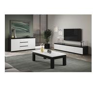 DEYTON - Ensemble Salon Laqué Noir et Blanc Meuble TV 4 Portes + Table Basse 127cm + Buffet
