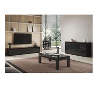 DEYTON - Ensemble Salon Laqué Noir Meuble TV 4 Portes + Table Basse 127cm + Buffet