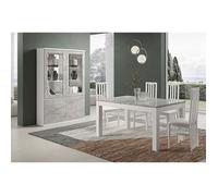 DEYTON - Ensemble Séjour Blanc et Gris Marbré Table 190cm + Vitrine avec Leds