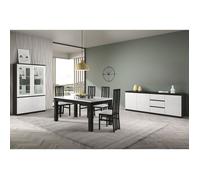 DEYTON - Ensemble Séjour Complet Laqué Noir et Blanc Table 190cm + Buffet + Vitrine avec Leds