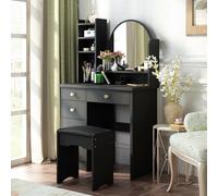 DEZAGCE Coiffeuse 5 tiroirs et 4 Compartiments Ouverts, Grande Surface d'autruche, Coiffeuse avec Miroir Rond, Table de Maquillage avec Tabouret, Coiffeuse Noire, 80 x 40 x 135 cm (l x P x H)