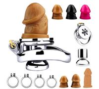 DFADSVCNM Cage de chasteté plate en métal avec gode en silicone, cage de chasteté SM négative, ceinture de chasteté, ensemble sexuel for hommes et lesbiennes(Flesh,Dildo M/50 Ring)