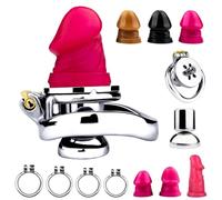 DFADSVCNM Cage de chasteté plate en métal avec gode en silicone, cage de chasteté SM négative, ceinture de chasteté, ensemble sexuel for hommes et lesbiennes(Pink,Dildo S/55 Ring)