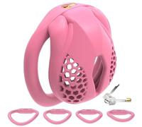 DFADSVCNM Cage de chasteté SM 3D en résine avec 4 anneaux péniens, ensemble de bondage, cage de chasteté respirante SM, jouet sexuel for hommes et couples(Pink-s-gebogener Ring)