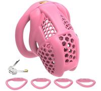 DFADSVCNM Cage de chasteté SM 3D en résine avec 4 anneaux péniens, ensemble de bondage, cage de chasteté respirante SM, jouet sexuel for hommes et couples(Pink-l-gebogener Ring)