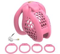 DFADSVCNM Cage de chasteté SM 3D en résine avec 4 anneaux péniens, ensemble de bondage, cage de chasteté respirante SM, jouet sexuel for hommes et couples(Pink-m-rund Ring)