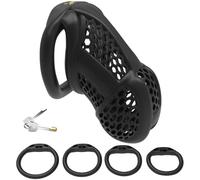 DFADSVCNM Cage de chasteté SM 3D en résine avec 4 anneaux péniens, ensemble de bondage, cage de chasteté respirante SM, jouet sexuel for hommes et couples(Black-xl-rund Ring)