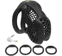 DFADSVCNM Cage de chasteté SM 3D en résine avec 4 anneaux péniens, ensemble de bondage, cage de chasteté respirante SM, jouet sexuel for hommes et couples(Black-l-rund Ring)