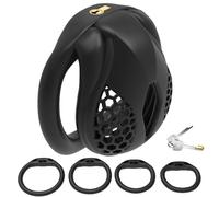 DFADSVCNM Cage de chasteté SM 3D en résine avec 4 anneaux péniens, ensemble de bondage, cage de chasteté respirante SM, jouet sexuel for hommes et couples(Black-s-rund Ring)