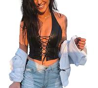 DFangel Débardeur Dos Nu Sexy à Lacets en Cuir pour Femme, Noir, Small