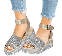 DFDBFVF Sandales de Plateforme STRINESTONES en STRED Femmes Sandales Un Mot Boucle Mode Casual Open Toe Plateforme Sandales compensées (Color : Gold, Size : 34)