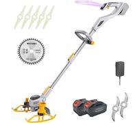 Dfdieratve Coupe-Bordure sans Fil, Batterie et Chargeur 21 V 2 X 1,5 Ah, Coupe-Herbe/Coupe-Bordure/Mini-Tondeuse/DéBroussailleuse 3 en 1, avec Perche TéLescopique et 3 Types de Lames de Coupe