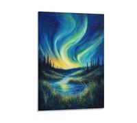 DFENILROP Aurores Boréales Tableau Mural, Rivière en Forêt Affiche Œuvre D'art | Impression Image Sur Toile, Elégante Décor Intérieure Pour Chambre Couloir, Cadeau 24x36inch(60x90cm)