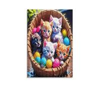 DFENILROP Chatons dans un Panier Tableau Mural, Couleur Vibrante Affiche Œuvre D'art | Impression Image Sur Toile, Minimaliste Décor Intérieure Pour Salon Chambre, Cadeau 16x24inch(40x60cm)