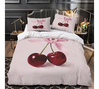 DFENILROP Cherry Bow Decor Parure Lit Microfibre Hypo 3D 3Pcs 2 Taies Douce Still Life Peinture Housse Couette Douce Entretien Fac for Garçons Adolescents Single(135x200)