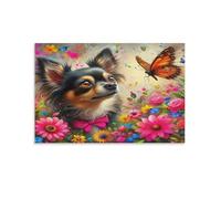 DFENILROP Chihuahua à la Fleur Tableau Mural, Animal de Compagnie Chaud Affiche Œuvre D'art | Impression Image Sur Toile, Minimaliste Décor Intérieure Pour Chambre Couloir, Cadeau 24x36inch(60x90cm)