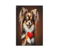 DFENILROP Chihuahua à Longue Fourrure Tableau Mural, Cœur Rouge D'Amour Affiche Œuvre D'art | Impression Photo Sur Toile, Classique Décor Maison Pour Chambre Couloir, Cadeau 24x36inch(60x90cm)