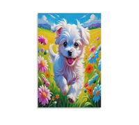 DFENILROP Chiot en Course Tableau Mural, Fleur Sauvage Multicolore Affiche Œuvre D'art | Impression Image Sur Toile, Unique Décor Intérieure Pour Salon Couloir, Cadeau 08x12inch(20x30cm)