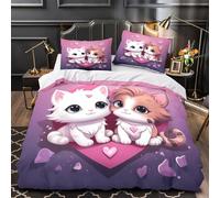 DFENILROP Cute Kitten Couple Ensemble De Literie 3D Imprimée Microfibre 3 Pièces Taie Super Douce Coon Love Parure de Lit Hypoallergique Résistante for Ado Single（135x200cm）