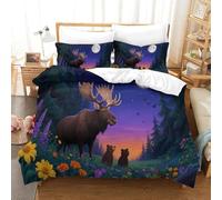 DFENILROP Élan et Ours | Forêt Enchantée Ensemble Literie Microfibre Imprimée Housse de Couette Premium avec Taies, Fermeture Éclair Cachée, Facile Entretien, pour Adultes & Enfants Single（140x200cm）