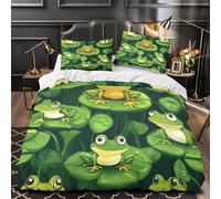 DFENILROP Frogs on Lily Pads Linge de Lit 3D Imprimé Microfibre Hypoallergique 3 Pièces 2xTaies Douce Coon Amphibian Housse de Couette Super Douce Résistante for Enfant King（220x240cm）
