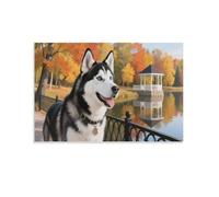 DFENILROP Husky au bord du lac Tableau Mural, Autumn Paysage Affiche Œuvre D'art | Impression Image Sur Toile, Minimaliste Décor Intérieure Pour Salon Couloir, Cadeau 12x18inch(30x45cm)
