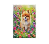 DFENILROP Pomeranian Joyeux Tableau Mural, Fleur Multicolore Affiche Œuvre D'art | Impression Image Sur Toile, Classique Décor Intérieure Pour Salon Couloir, Cadeau 08x12inch(20x30cm)