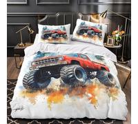 DFENILROP Rouge Truck Offroad Housse de Couette 3D Effet Microfibre 3 Pièces Éclair Ultra Douce Vintage Monster Parure de Lit Super Douce Entretien Facile for Adolescent Single（140x200cm）