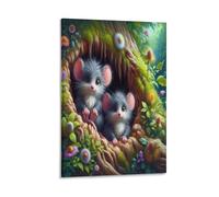 DFENILROP Souris Jumeaux Mignons Tableau Mural, Trou d'Arbre Affiche Œuvre D'art | Impression Photo Sur Toile, Classique Décor Maison Pour Salon Chambre, Cadeau 16x24inch(40x60cm)