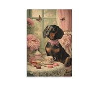 DFENILROP Tableau Mural, Animal De Compagnie Poster, Chien Teckel Elegant, Tea Party, Macarons, Papillons, Décor Romantique Vintage - Tableau Toile Premium, Cadeau 20x30inch(50x75cm)
