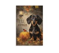 DFENILROP Tableau Mural, Animal De Compagnie Poster, Chiot Automne, Citrouille, Lanterne, Décoration Chaleureuse Maison - Tableau Toile Minimaliste, Cadeau 12x18inch(30x45cm)
