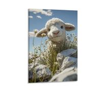 DFENILROP Tableau Mural, Animaux Poster, Agneau Mignon Parmi Fleurs Sauvages Et Roques, Idéal Pour Décoration Intérieure - Tableau Toile Unique, Cadeau 12x18inch(30x45cm)