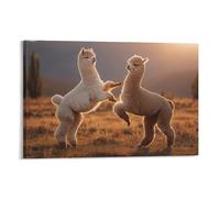 DFENILROP Tableau Mural, Animaux Poster, Deux Alpagas au Coucher du Soleil Doré, Idéal pour Décoration Intérieure ou Art Animalier - Tableau Toile Haute Résolution, Cadeau 16x24inch(40x60cm)