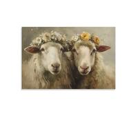DFENILROP Tableau Mural, Animaux Poster, Deux Moutons Aux Couronnes De Fleurs, Parfait Pour Décor Rustique Ou Chaleureux - Tableau Toile Unique, Cadeau 24x36inch(60x90cm)