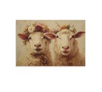 DFENILROP Tableau Mural, Animaux Poster, Deux Moutons Aux Couronnes De Fleurs, Parfait Pour Décor Rustique Ou Chaleureux - Tableau Toile Minimaliste, Cadeau 16x24inch(40x60cm)