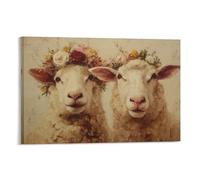 DFENILROP Tableau Mural, Animaux Poster, Deux Moutons Aux Couronnes De Fleurs, Parfait Pour Décor Rustique Ou Chaleureux - Tableau Toile Haute Résolution, Cadeau 08x12inch(20x30cm)