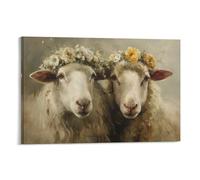 DFENILROP Tableau Mural, Animaux Poster, Deux Moutons Aux Couronnes De Fleurs, Parfait Pour Décor Rustique Ou Chaleureux - Tableau Toile Premium, Cadeau 08x12inch(20x30cm)