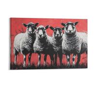 DFENILROP Tableau Mural, Animaux Poster, Impression d'Art Aux Quatre Moutons Sur Fond Rouge Pour Décoration - Tableau Toile Minimaliste, Cadeau 08x12inch(20x30cm)