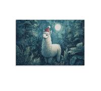 DFENILROP Tableau Mural, Animaux Poster, Lama de Noël dans Forêt sous Lune, Décoration Murale Fête et Chaleur - Tableau Toile Premium, Cadeau 24x36inch(60x90cm)