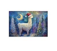 DFENILROP Tableau Mural, Animaux Poster, Lama de Noël Sous Forêt Lunaire, Idéal Pour Décorations Fêtes & Emballages Cadeaux - Tableau Toile Haute Résolution, Cadeau 20x30inch(50x75cm)