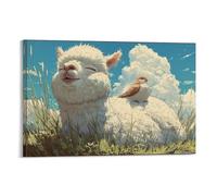 DFENILROP Tableau Mural, Animaux Poster, Lama Mignon Avec Oiseau Sur Le Dos, Scène Naturelle Apaisante Pour Décoration - Tableau Toile Haute Résolution, Cadeau 16x24inch(40x60cm)