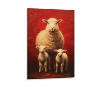 DFENILROP Tableau Mural, Animaux Poster, Mère Mouton Avec Deux Agneaux, Fond Rouge Chaud, Parfait Pour Décor Rustique Ou Chambre D'Enfant - Tableau Toile Minimaliste, Cadeau 16x24inch(40x60cm)