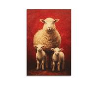 DFENILROP Tableau Mural, Animaux Poster, Mère Mouton Avec Deux Agneaux, Fond Rouge Chaud, Parfait Pour Décor Rustique Ou Chambre D'Enfant - Tableau Toile Minimaliste, Cadeau 20x30inch(50x75cm)