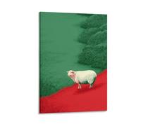 DFENILROP Tableau Mural, Animaux Poster, Mouton Sur Chemin Rouge Dans Champ Vert, Art Abstrait Pour Déco Maison - Tableau Toile Designer, Cadeau 08x12inch(20x30cm)