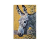 DFENILROP Tableau Mural, Animaux Poster, Portrait De Âne Devant Clôture Jaune Avec Branches D'Olivier, Parfait Pour Déco Rustique - Tableau Toile Haute Résolution, Cadeau 24x36inch(60x90cm)